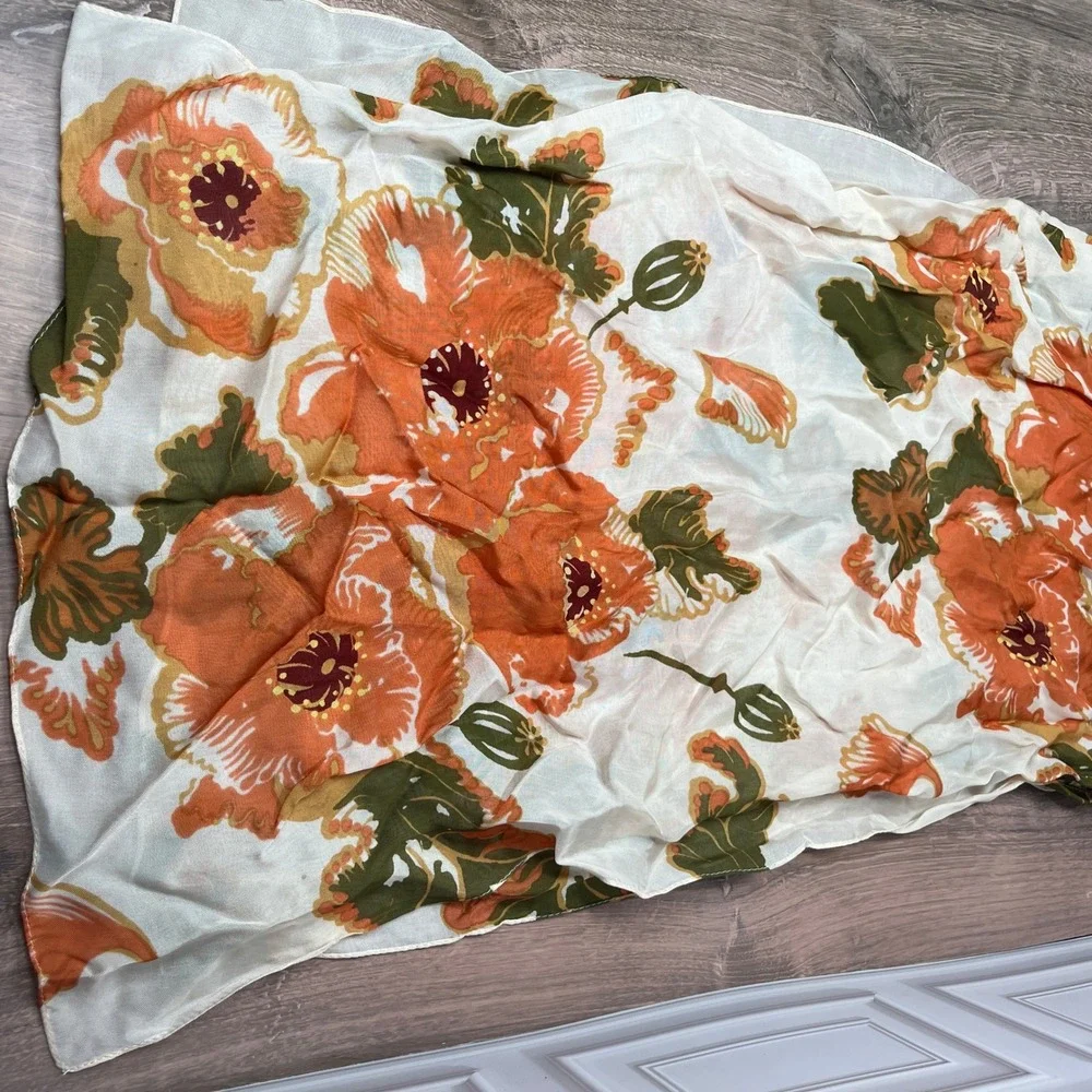 Zazou Floral Poppy Scarf Womens Orange Cream Sheer Rayon Rectangular Boho Wrap